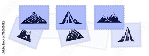 Philately hobby, postage stamps featuring mountains. A collection of paper stamps featuring mountain landscapes and cliffs. Minimalist art about nature. Stickers for postcards and letters. Vector.