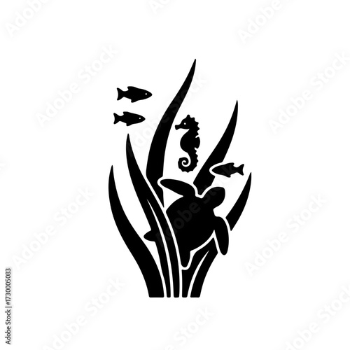 black and white icon featuring two or three dominant seagrass blades. Subtle silhouettes of dependent marine life (like small fish or crustaceans) are cleverly integrated between or around the blades