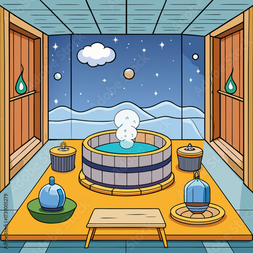 Cartoon hot tub spa room at night with starry sky and snow-capped mountains bathroom interior