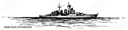 Warship at Sea in a Vintage Sketch Style