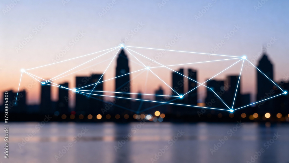 Fototapeta premium Cityscape with network lines at dusk