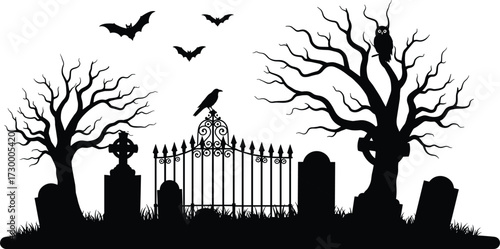 Haunted graveyard silhouette with bats, spooky trees, gothic gate, tombstones, crow and owl, horror Halloween cemetery night scene illustration