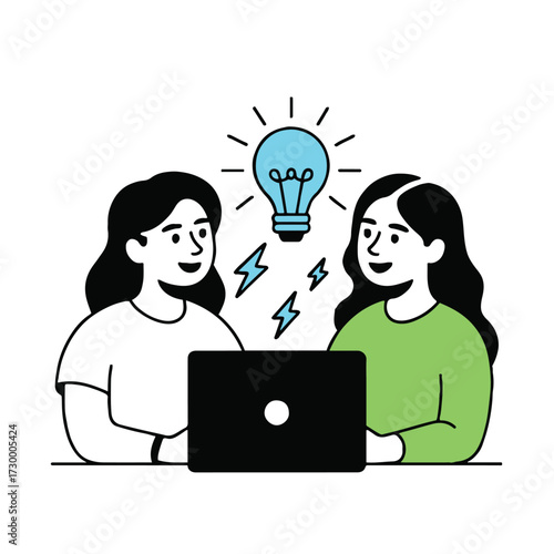 Vector art of two women are working on a laptop and having a great idea they are collaborating and brainstorming together