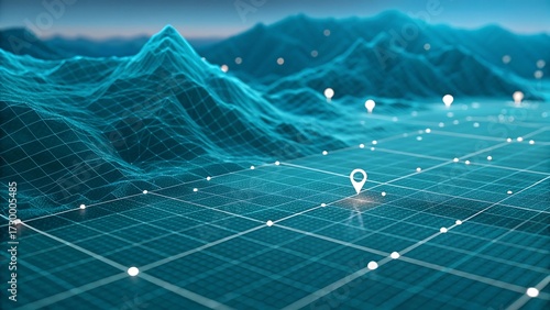 Digital Landscape with Mountains and Location Pins for Navigation and Exploration