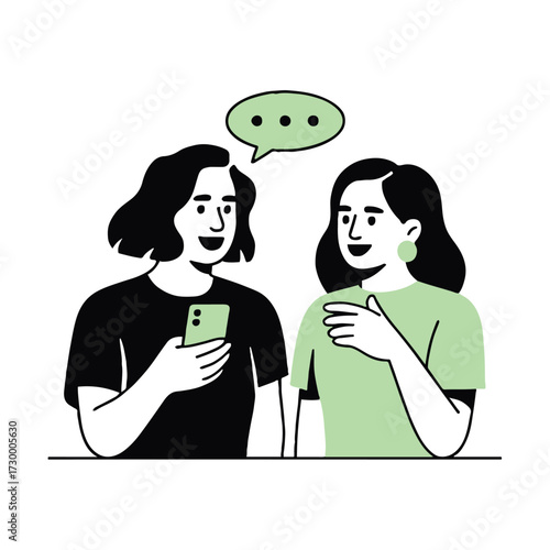 Vector art of two women are talking about something they see on a smartphone they are smiling and seem to be having a good time