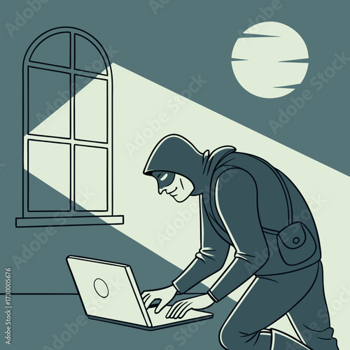 Un voleur de données vole des informations sur un ordinateur portable la nuit