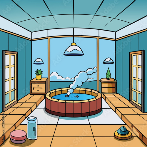 Cartoon hot tub spa room with large windows and steaming water bathroom interior