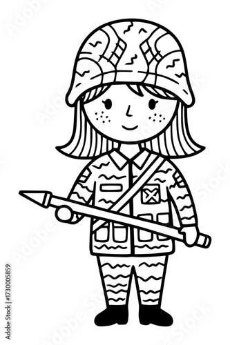 Cute Cartoon Girl Soldier with a Rifle Doodle