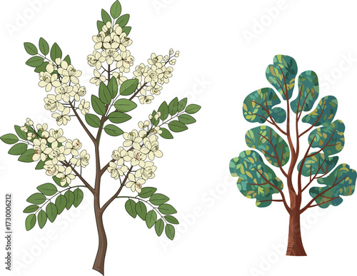 Two illustrated trees, compound leaves, white flowers, abstract foliage, thick trunk, botanical contrast, nature diversity, cad drawing, flat vector illustration