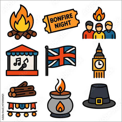 A festive flat icon inspired by Guy Fawkes Night (Bonfire Night) in the UK. Designed with a bold black outline and bright solid colors
