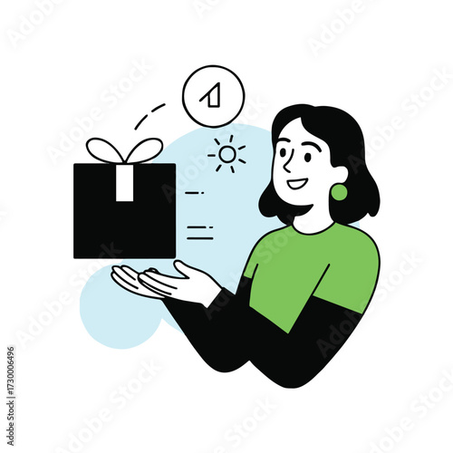 Vector art of a cheerful woman with short black hair receives a gift, symbolizing the joy of receiving presents and the excitement of online shopping