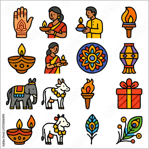 Festive flat icons celebrating Diwali, the Hindu Festival of Lights. Each design is crafted with bold black lines and bright solid colors
