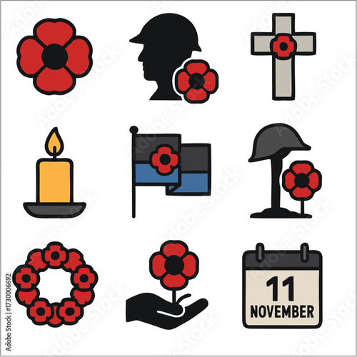 Flat Remembrance Day Icons, Minimalist Memorial & Poppy Vector Set