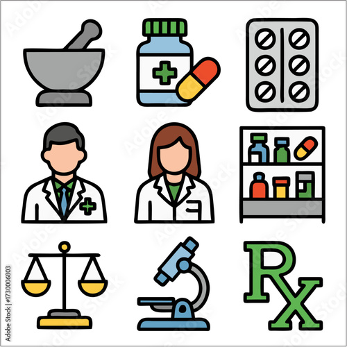 Flat Pharmacist Icons, Minimalist Pharmacy & Healthcare Vector Set