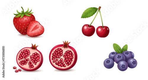 A vibrant collection of fresh and juicy fruits including strawberries, cherries, pomegranate, and blueberries, perfect for health and culinary themes