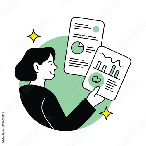 Vector art of a cheerful woman analyzes business reports with charts and graphs, showcasing datadriven decisionmaking and a positive outlook