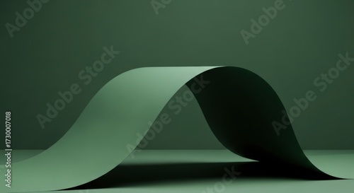 Curved sheet of muted green material creating an abstract arch shape with subtle shadows against a solid green background