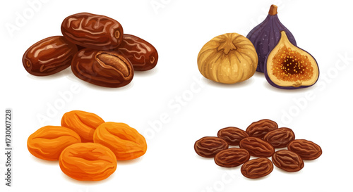 Assortment of dried fruits including dates, figs, apricots, and raisins