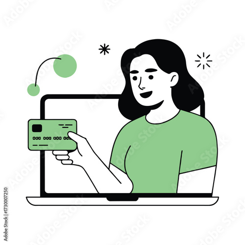 Vector art of a woman is holding a credit card in front of a laptop, ready to make an online payment, she is smiling and looking forward