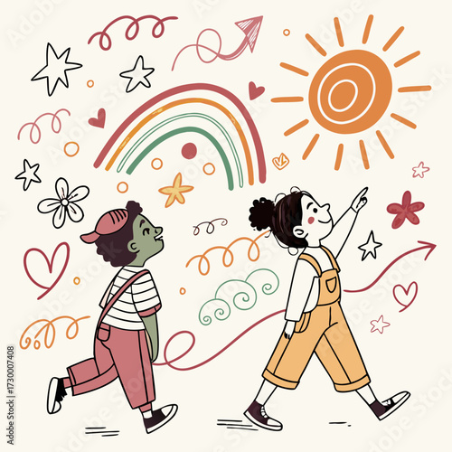 Kids line doodle scribble vector features scribble, stars, arrows, flowers, hearts, waves, spirals, rainbow, sun. Perfect for design, illustration, decoration, creativity, fun