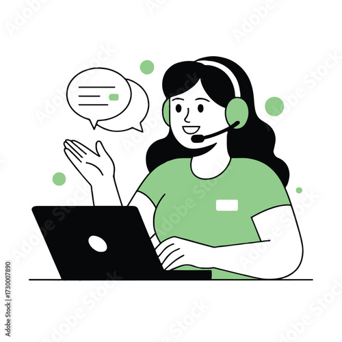 Vector art of a woman is working as a customer service representative with a headset, she is using a laptop and talking to a customer