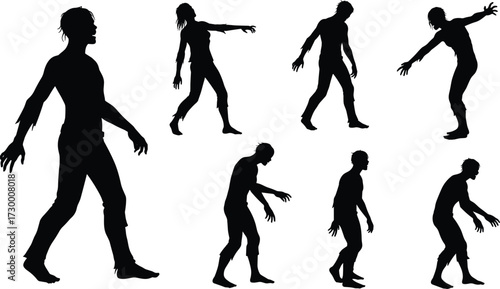 Zombie silhouette collection, walking undead figures, horror monster design, scary creepy character illustration, Halloween vector graphic, apocalypse theme, spooky nightmare art