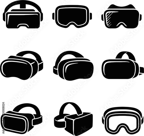 "Virtual Reality Headset Icons Set – VR Goggles, AR Glasses, and Gaming Devices Vector"