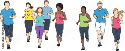 People running. Men and Women jogging. Marathon race concept. Sport and fitness design template with runners and athletes in flat style. Vector illustration.