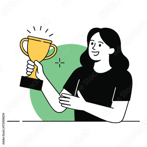 Vector art of a woman is holding a trophy, she is smiling and celebrating her success with a golden cup in her hand