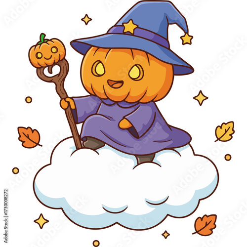 A magical pumpkin-headed sorcerer in a witch hat and costume, ready to cast a spell for Halloween. This adorable and charming vector illustration is perfect for a festive greeting card.