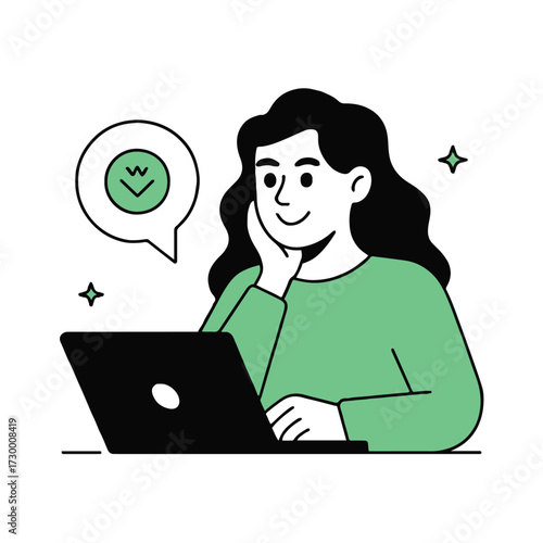 Vector art of a woman smiles while working on her laptop, a speech bubble with a checkmark indicating task completion