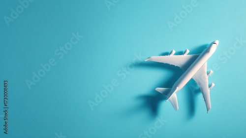 Fototapeta Naklejka Na Ścianę i Meble -  Model white air plane on blue background with copy space - airport travel concept