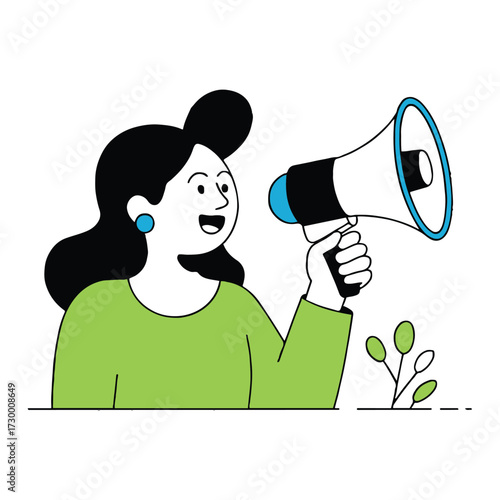 Vector art of a cheerful woman with dark hair is holding a megaphone in her hand, announcing something important she is smiling happily