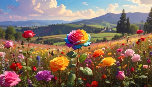 Fototapeta Naklejka Na Ścianę i Meble -  Colorful roses in a vibrant meadow landscape