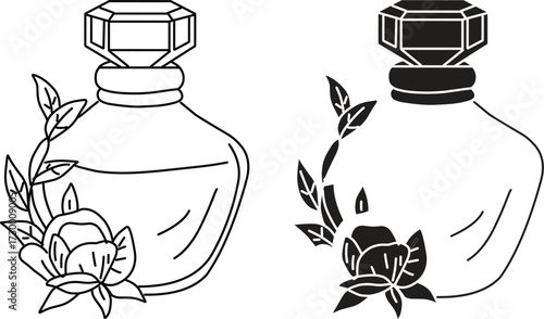 perfume bottle silhouettes. Perfume Bottle Silhouettes in Black Vector Collection Featuring Ornate Caps, Faceted Shapes, Butterfly Tops, and Gem-Inspired Designs.perfume bottle silhouette vector icon