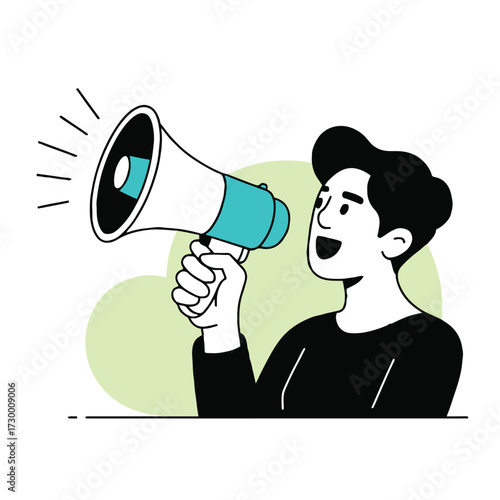 Vector art of an excited man with dark hair is holding a megaphone and making an announcement he is looking to the side