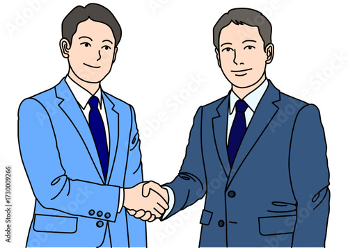 握手するビジネスマン男性ふたりのイラスト 上半身正面 青色 カラー