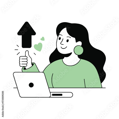 Vector art of enthusiastic woman giving a thumbs up in front of her laptop, symbolizing success and positive feedback