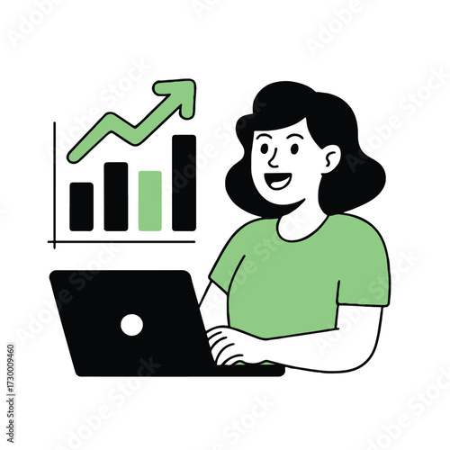 Vector art of a cheerful woman is analyzing business growth on her laptop, she is wearing a green shirt and smiling at the positive trend