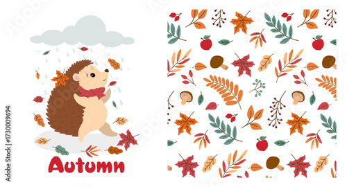 Vector illustration of a happy hedgehog in a cozy red scarf walking under colorful falling autumn leaves. Pattern with autumn leaves. Perfect for seasonal cards and decor designs, fabrics.