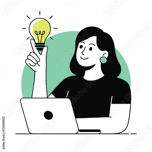 Vector art of a woman has a bright idea while working on her laptop, she is holding a light bulb and smiling with inspiration