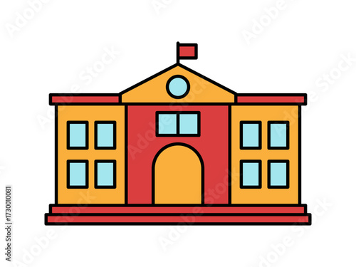 Flat colored school building vector, symbol of education, learning, and student institutions.