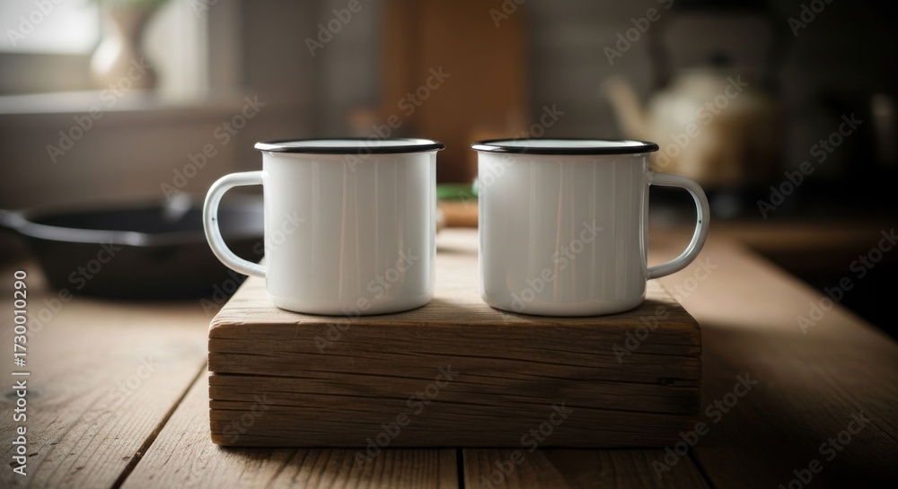Obraz premium Two white enamel mugs on a rustic wooden block