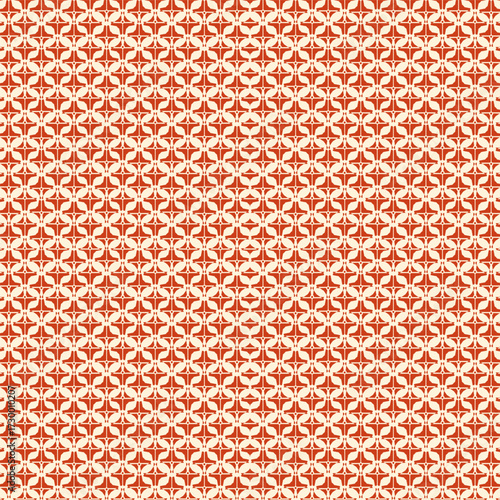A seamless, repeating geometric pattern of stylized orange and red star-like shapes on a cream background, creating a vintage-inspired design.