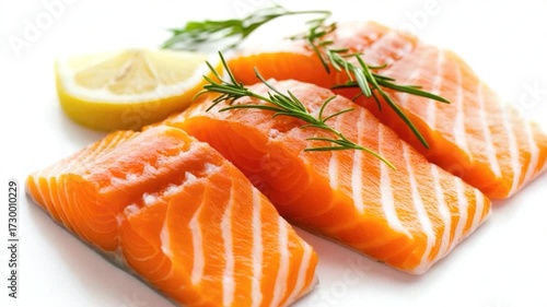 Fresh salmon fillets served on a plate with a slice of lemon, perfect for a seafood dinner or appetizer