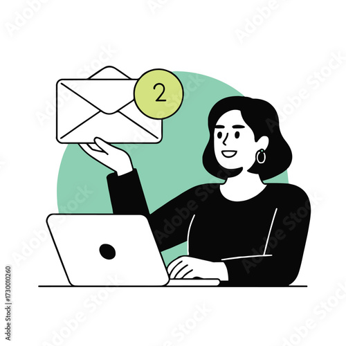 Vector art of a woman is holding an email with two new messages and working on a laptop, she is wearing a black sweater and earrings