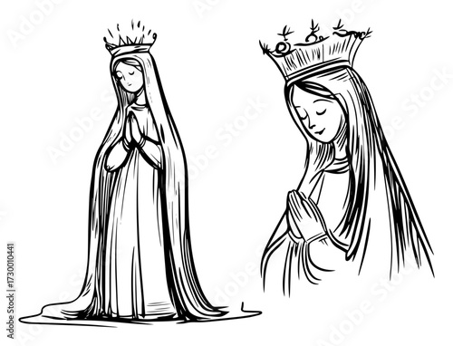 Virgin Mary Praying Hand Drawn Sketch Illustrations