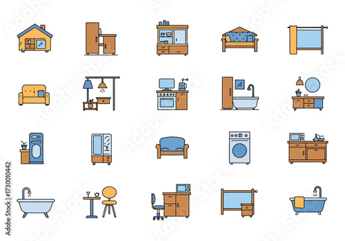 Vector art of a vibrant collection of home interior icons, showcasing essential elements like furniture, appliances, and decorative items, all rendered in a clean, modern style