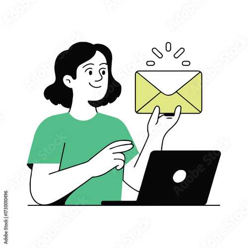 Vector art of a woman is sitting at her laptop and holding an email in her hand she is smiling and pointing at the email with her finger