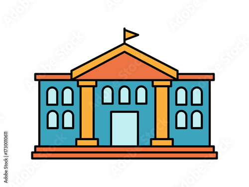 Flat colored university building vector, symbol of higher education, campus learning, and academic institutions.